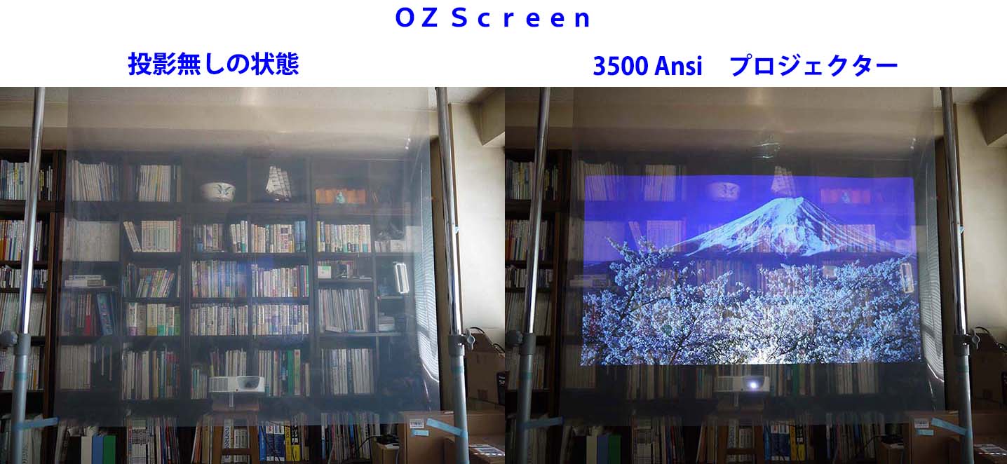 「OZ SCREEN」。左が投影なしの状態、プロジェクターで投影すると右のように映像が映し出される