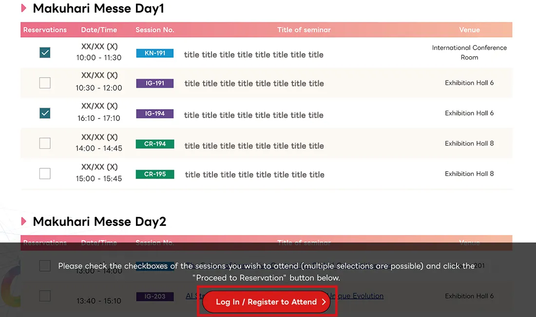 All Sessions List page