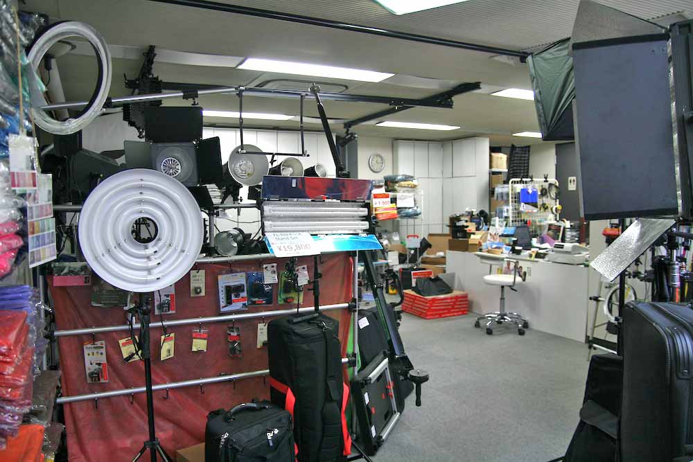 Shelves lined with filmmaking equipment
