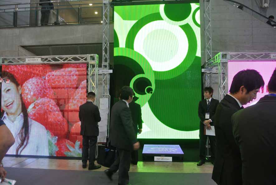 The Strawberry Media Arts booth with its eye-catching, extra-large LED screens