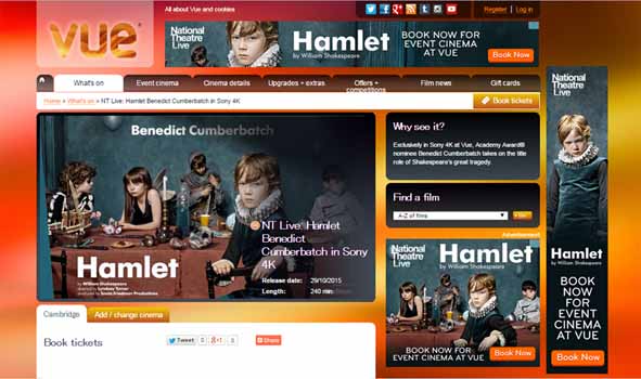 「ハムレット」の4Kライブ上映の予約受付をするNT Liveのサイト