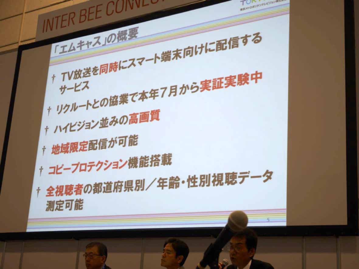 東京メトロポリタンテレビの同時再送信アプリ、エムキャスの概要を前嶋氏が説明