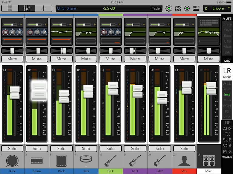 Current mixer status displayed on iPad. Can be set to display identically on DC16 and iPad.