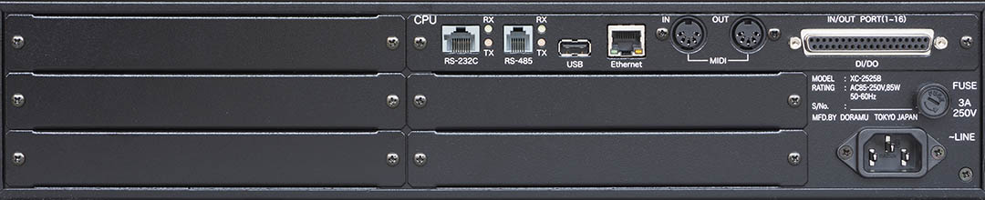 The system is provided with 5 expansion ports, enabling expanded functionality when serial I/O, LTC, and DMX option boar