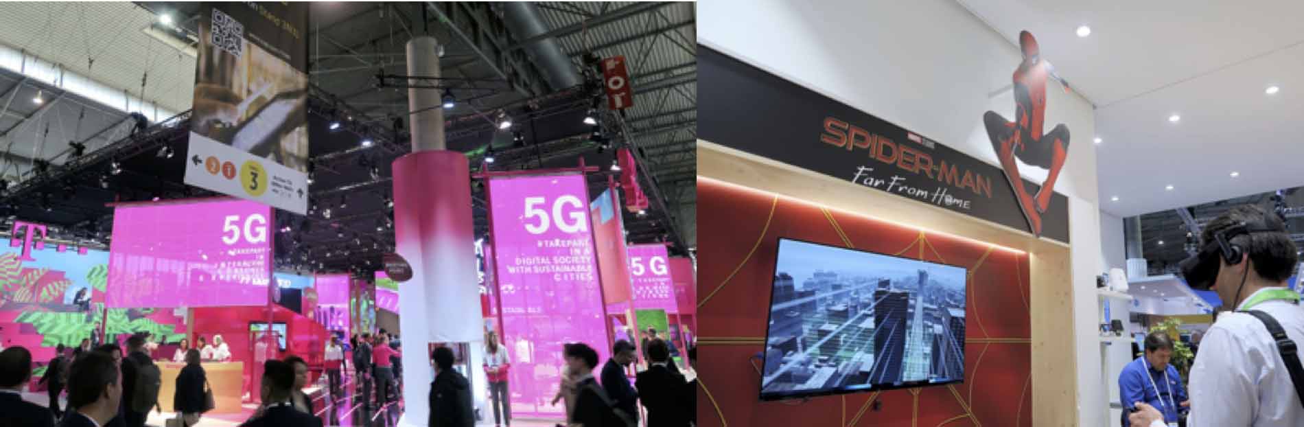 （左）「5G」の文字が目立つドイツテレコム、（右）ノキアのブースではインテルのブースと結んだマルチプレイヤーゲームを実演
