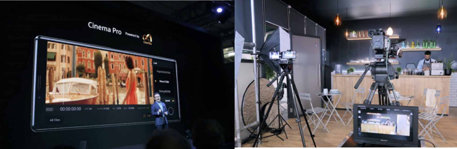 （左）21:9シネマワイド画面の「Xperia 1」を紹介するソニーモバイルコミュニケーションズ岸田社長