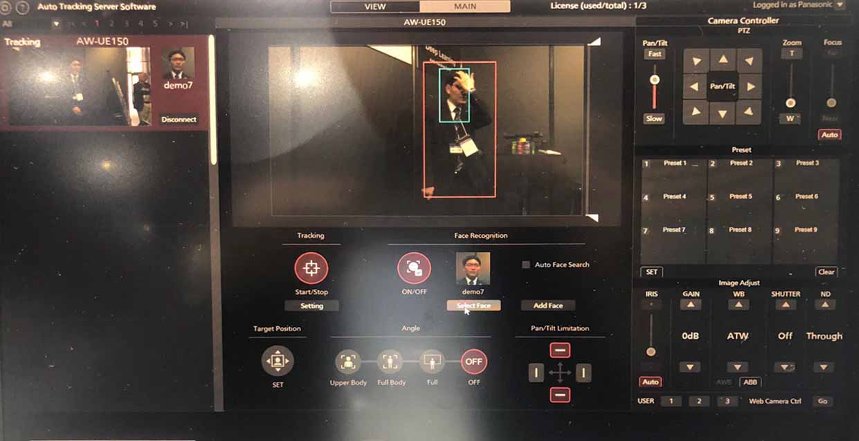 自動追尾ソフト「AW-SF100/SF200」の操作画面。手で顔が隠れても追尾しつづけている